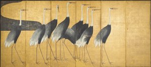 Tela de seis painéis representando guindastes, período Edo (tinta, cor, ouro e prata sobre papel)